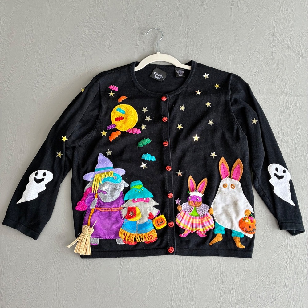 Christine Rotelli Halloween Wearable Art Cardigan Sweater Black Witches Ghosts M